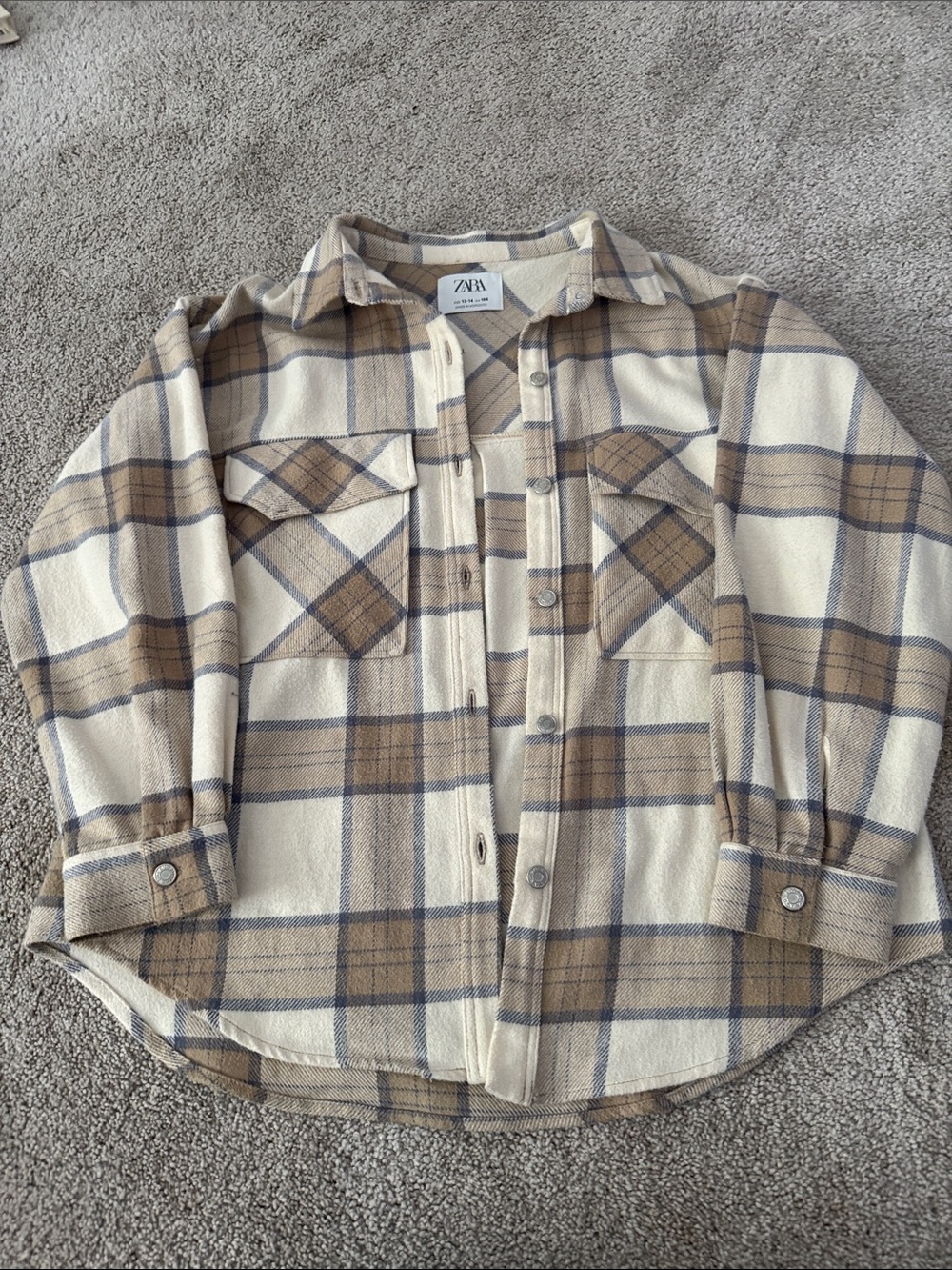 Zara Cream & Beige Plaid Button-Up Shacket